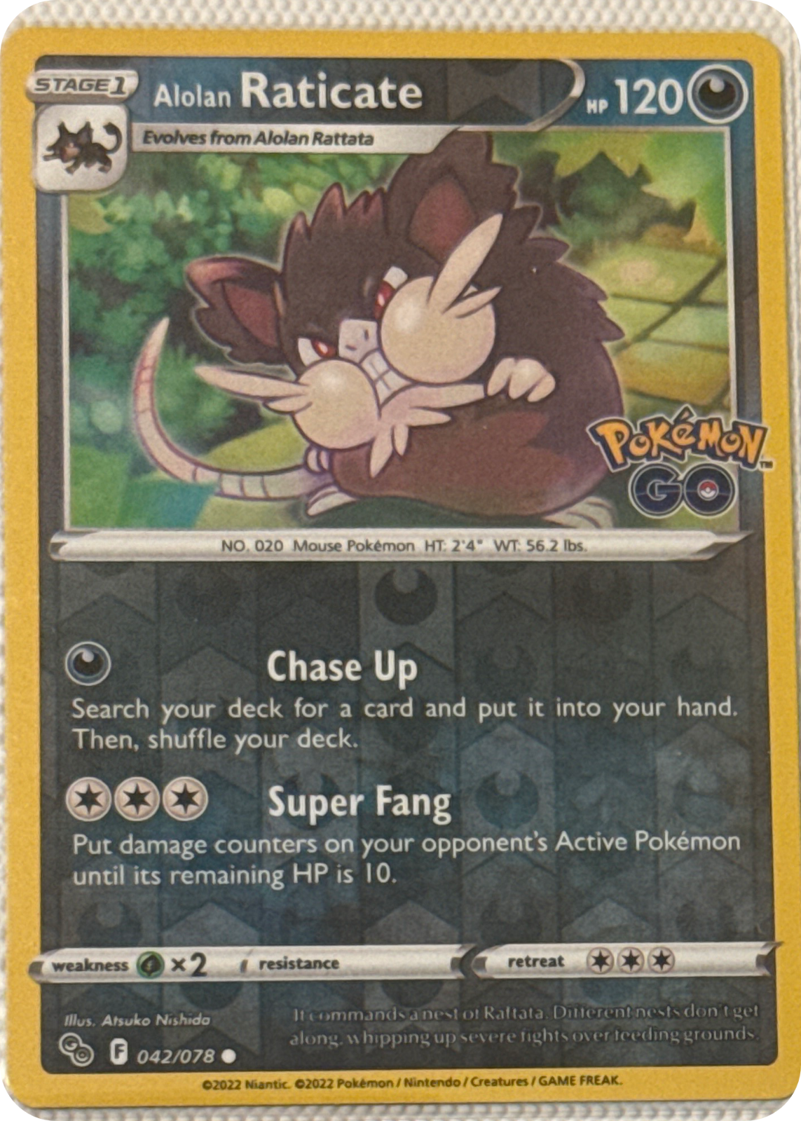 Alolan Raticate trading card #42, Pokémon GO (2022), front