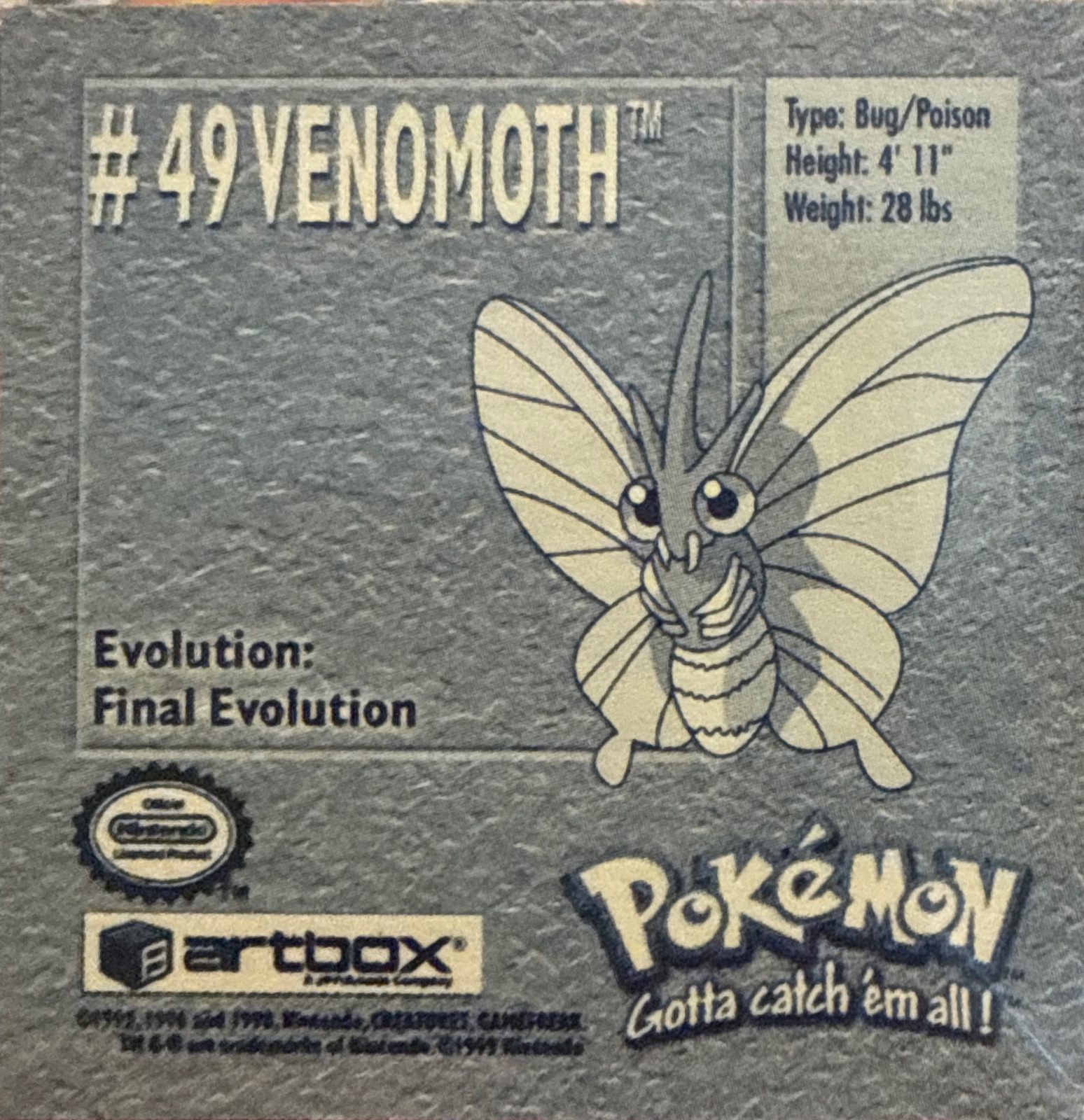 Venomoth sticker #49, Artbox (USA) Pokémon Artbox Stickers (1999), back