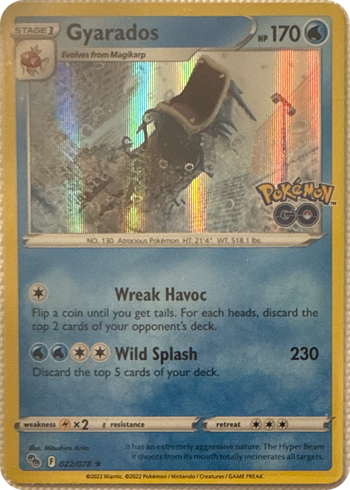 Gyarados trading card #22, Pokémon GO (2022), front