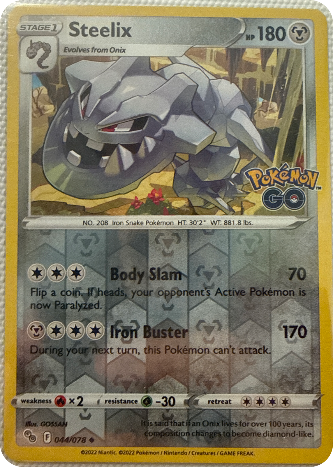 Steelix trading card #44, Pokémon GO (2022), front