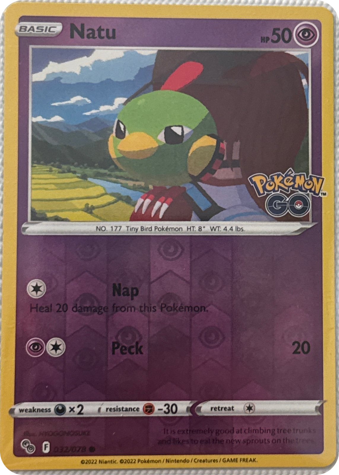 Natu trading card #32, Pokémon GO (2022), front