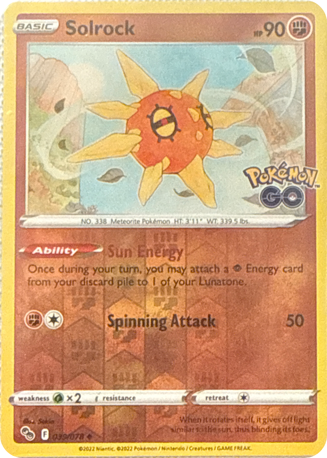 Solrock trading card #39, Pokémon GO (2022), front