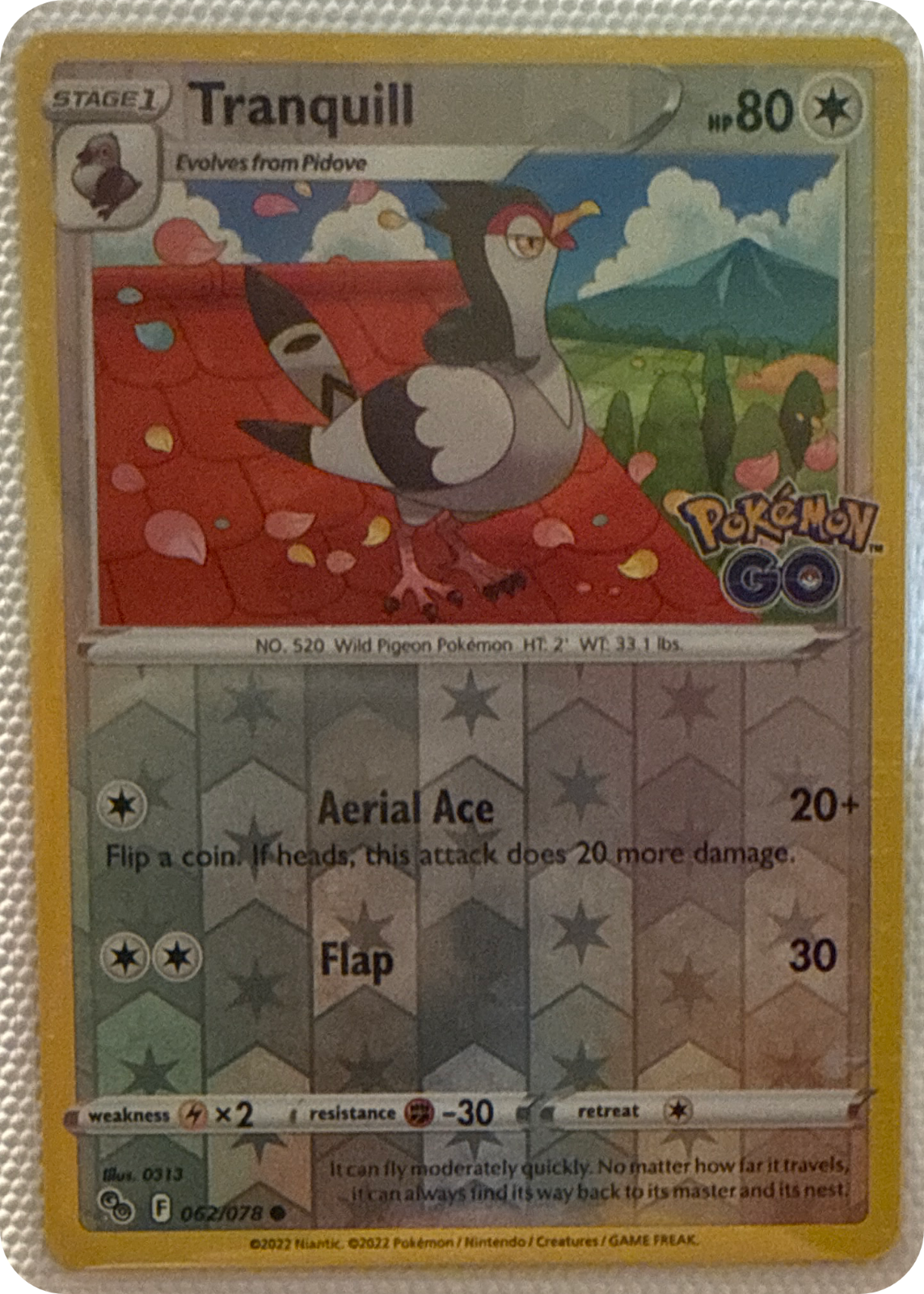 Tranquill trading card #62, Pokémon GO (2022), front