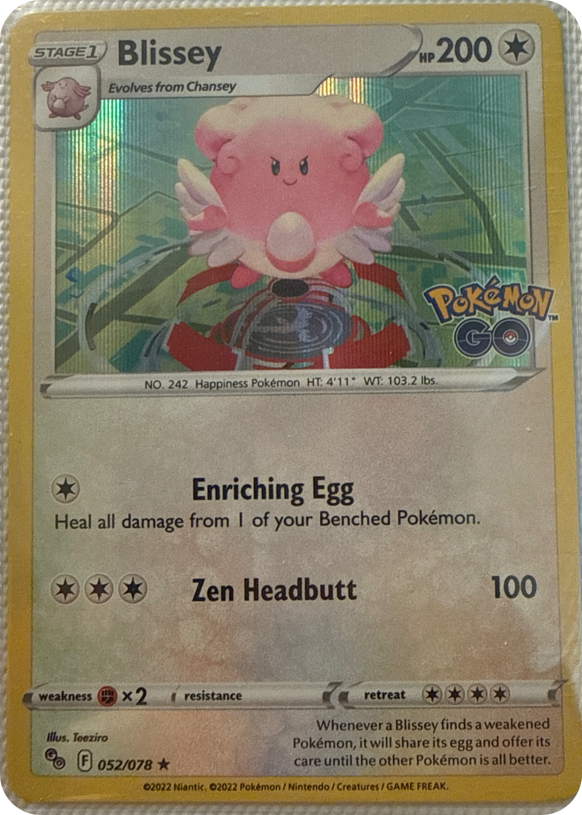 Blissey trading card #52, Pokémon GO (2022), front