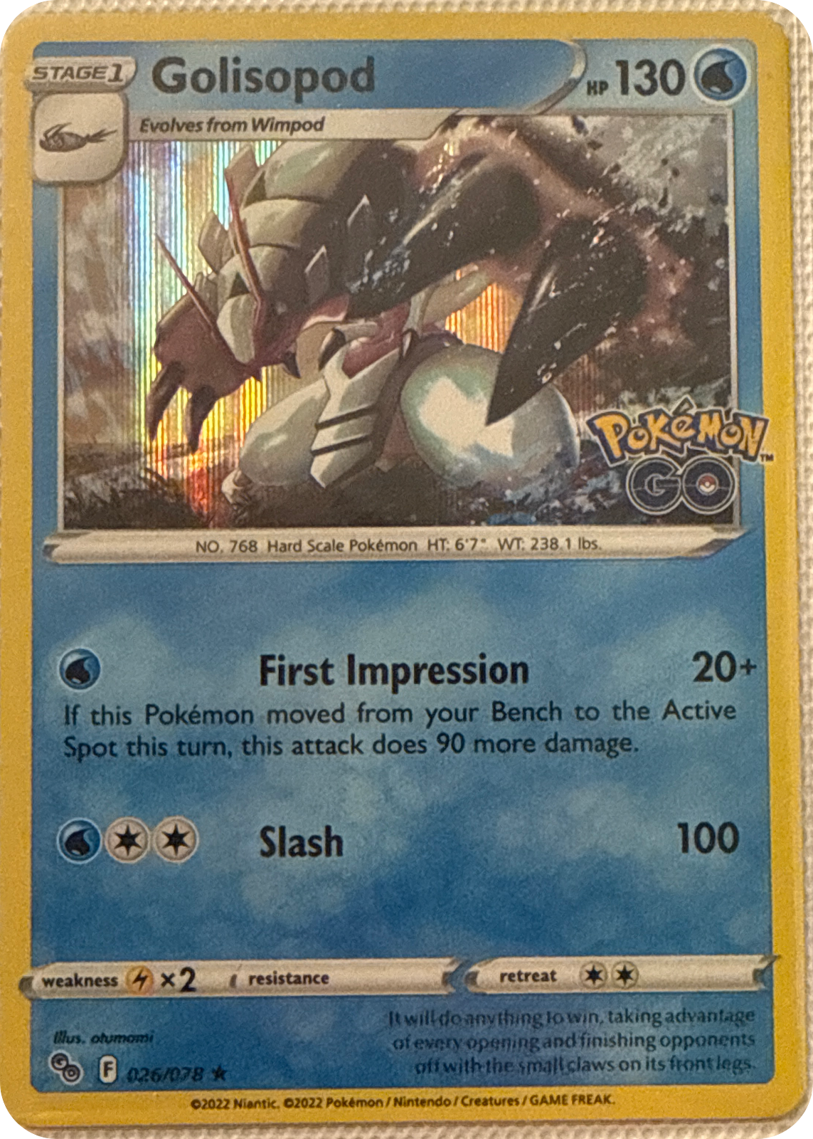Golisopod trading card #26, Pokémon GO (2022), front
