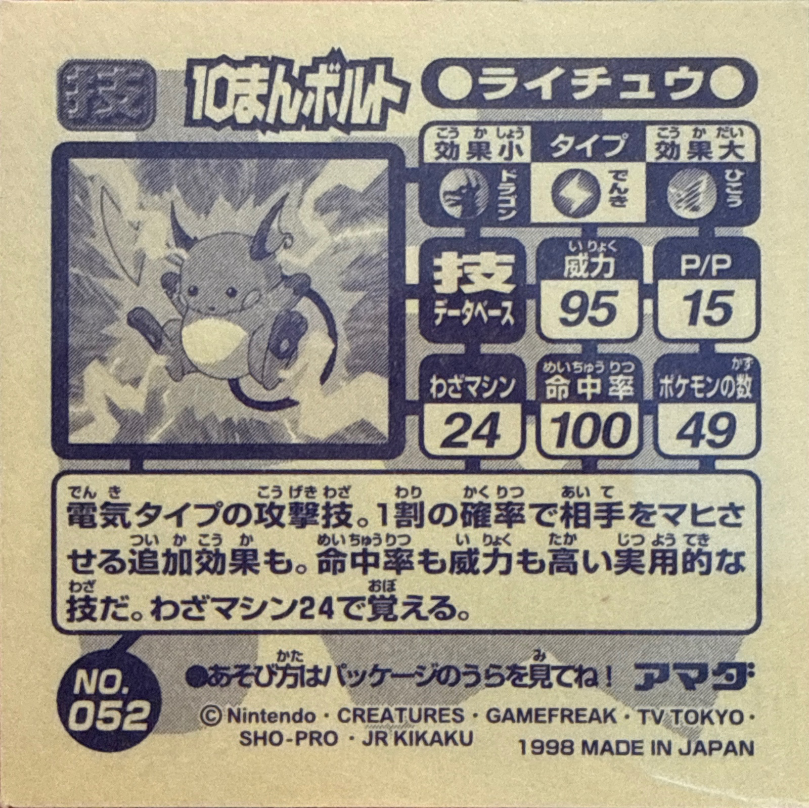 Raichu Thunderbolt sticker #052, Amada Attack Set 1 1998 · Pokemon Sticker Checklist, back
