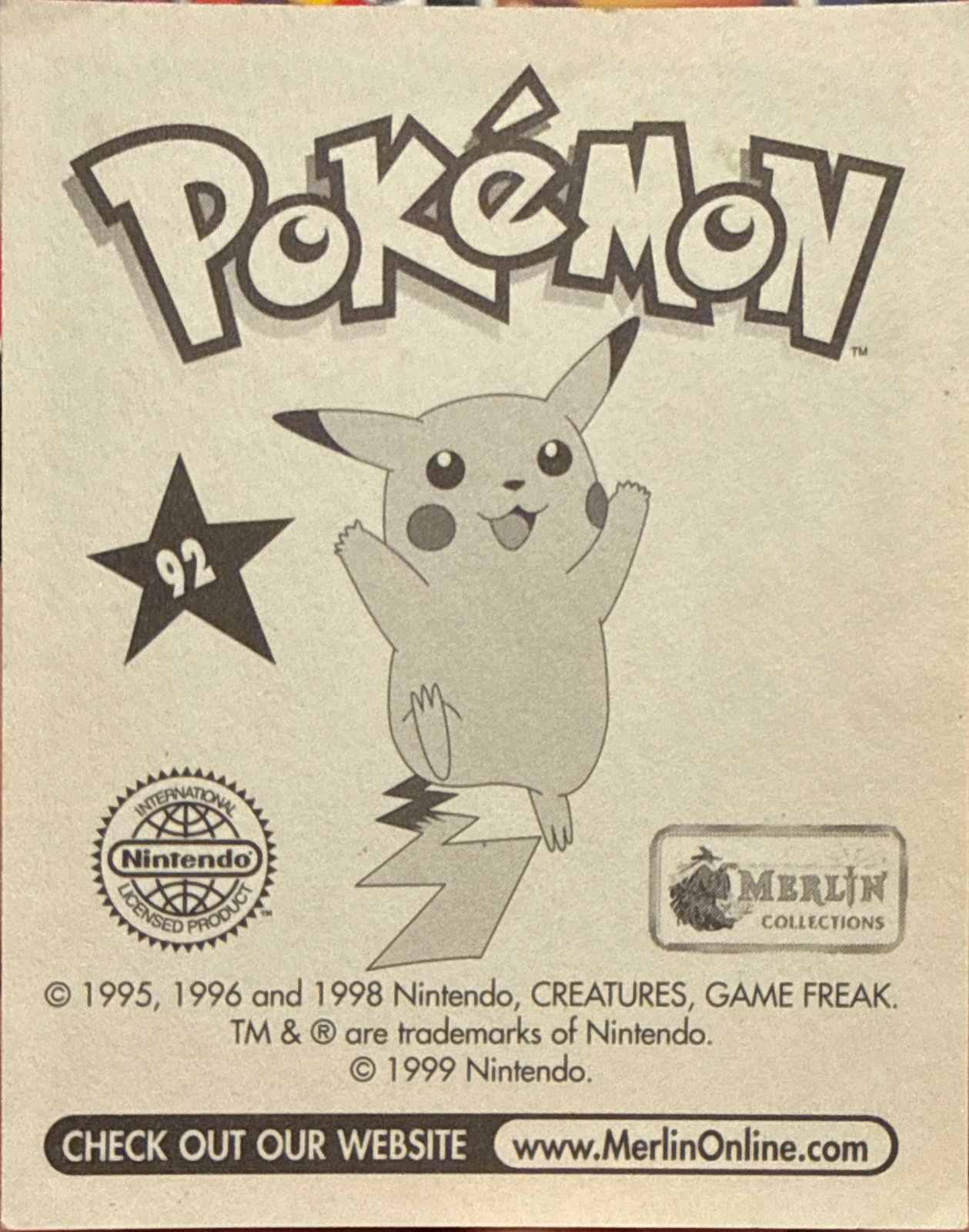 Gastly card #92, Pokémon Merlin Series 1 (1999), back