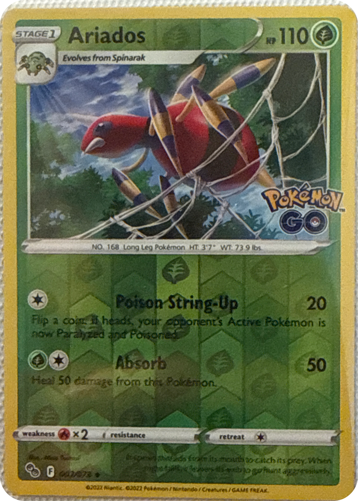Ariados trading card #7, Pokémon GO (2022), front