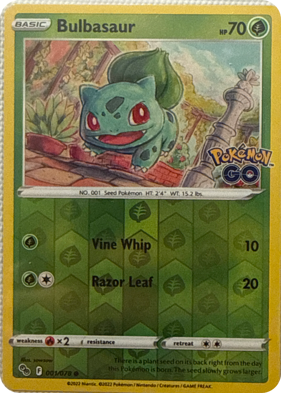 Bulbasaur trading card #1, Pokémon GO (2022), front