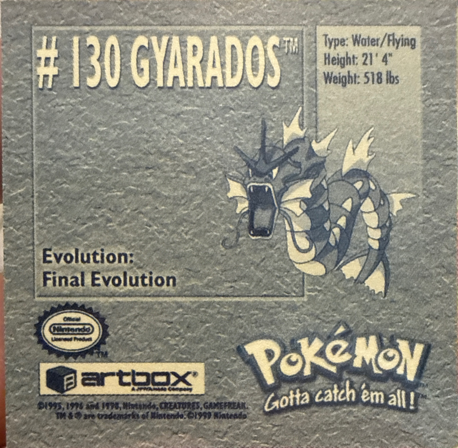 Gyarados sticker #130, Artbox (USA) Pokémon Artbox Stickers (1999), back