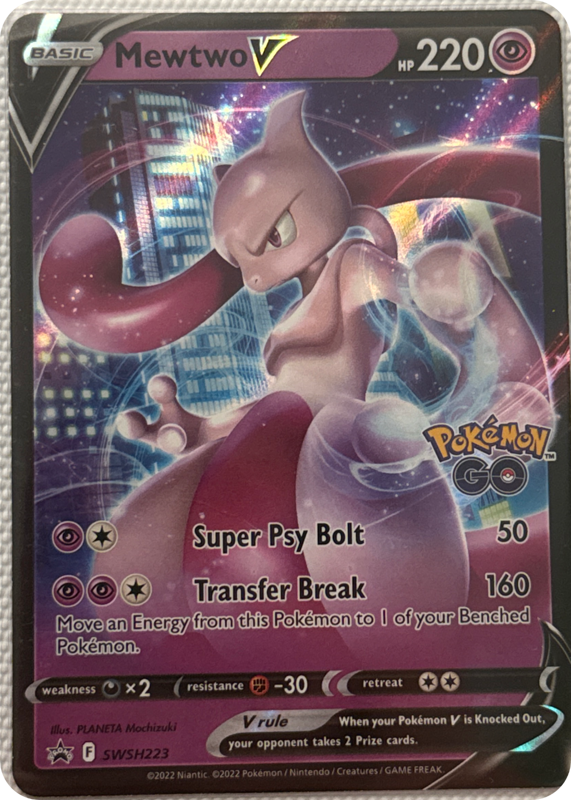 Mewtwo V trading card #SWSH223, SWSH Black Star Promos Checklist · Pokémon TCG, front