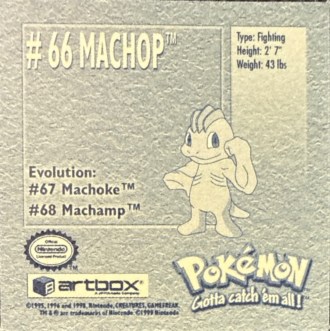 Machop sticker #66, Artbox (USA) Pokémon Artbox Stickers (1999), front