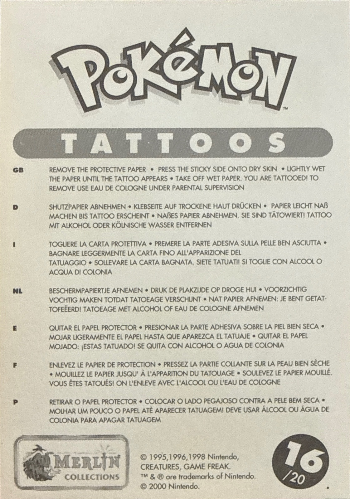 Graveler / Primeape / Victreebel collectible #16, Pokémon Merlin Tattoos (2000), back