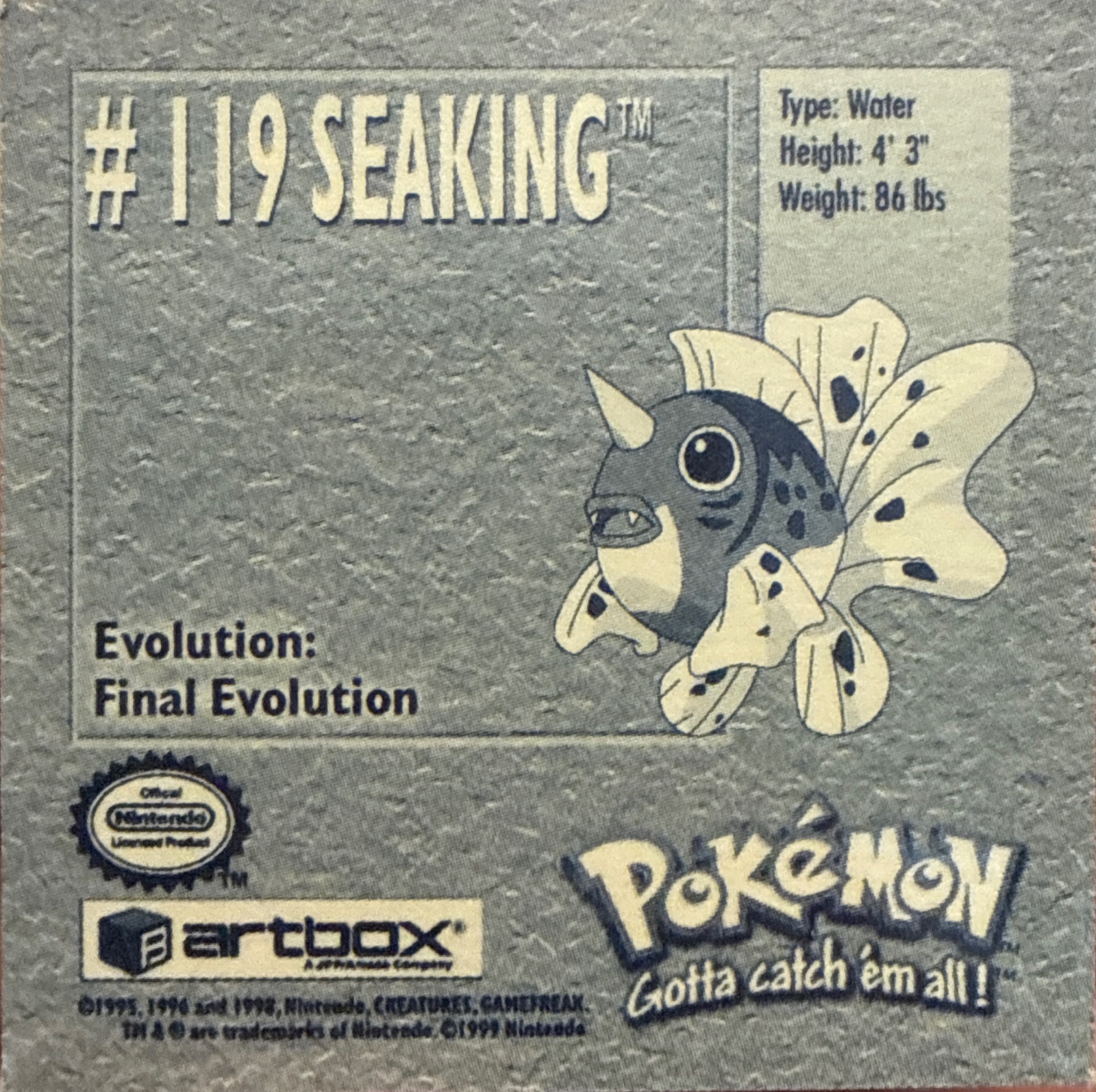Seaking sticker #119, Artbox (USA) Pokémon Artbox Stickers (1999), back