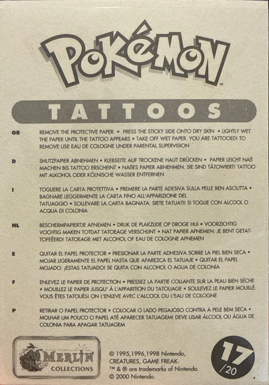 Golbat / Golduck / Pikachu collectible #17, Pokémon Merlin Tattoos (2000), back