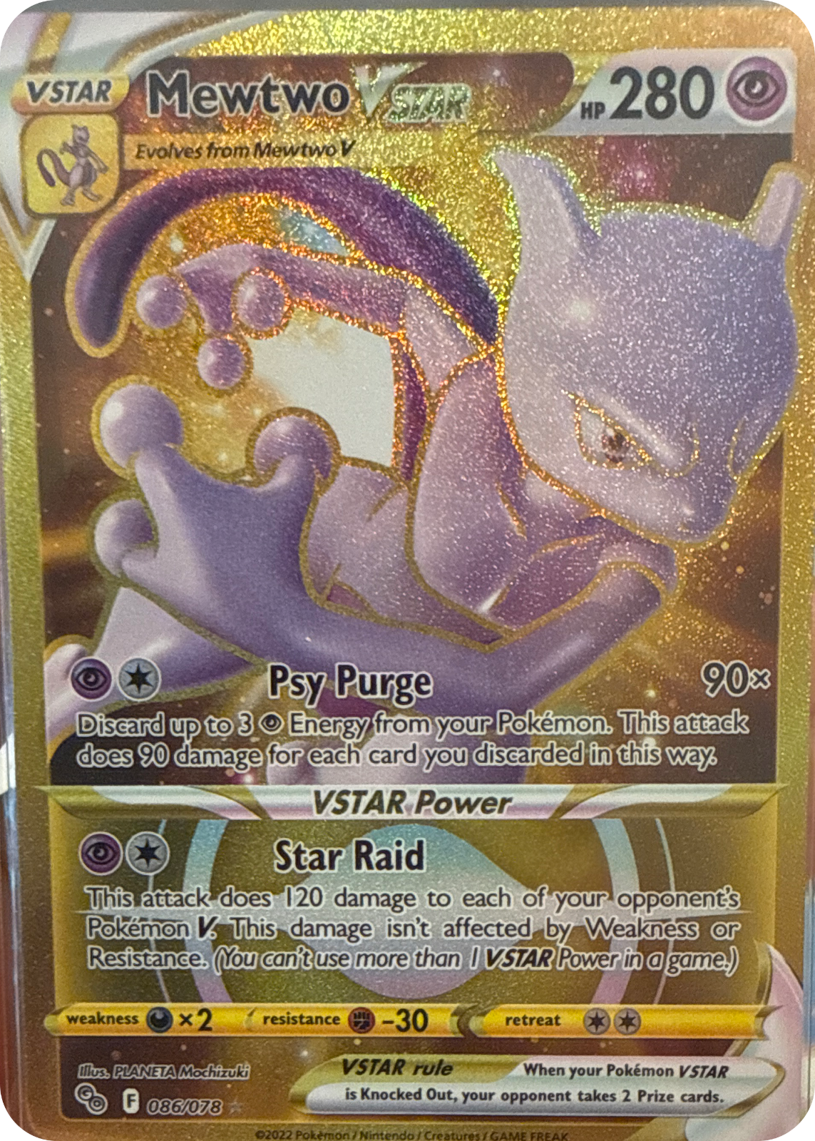 Mewtwo VSTAR trading card #86, Pokémon GO (2022), front