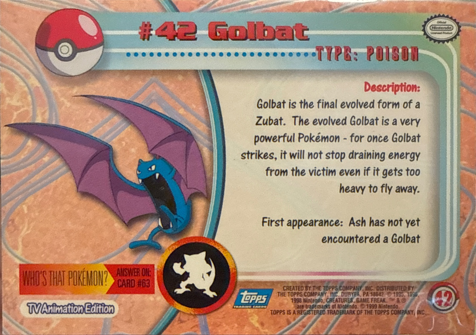 Golbat card #42, Pokemon Topps Series 1 (1999), back