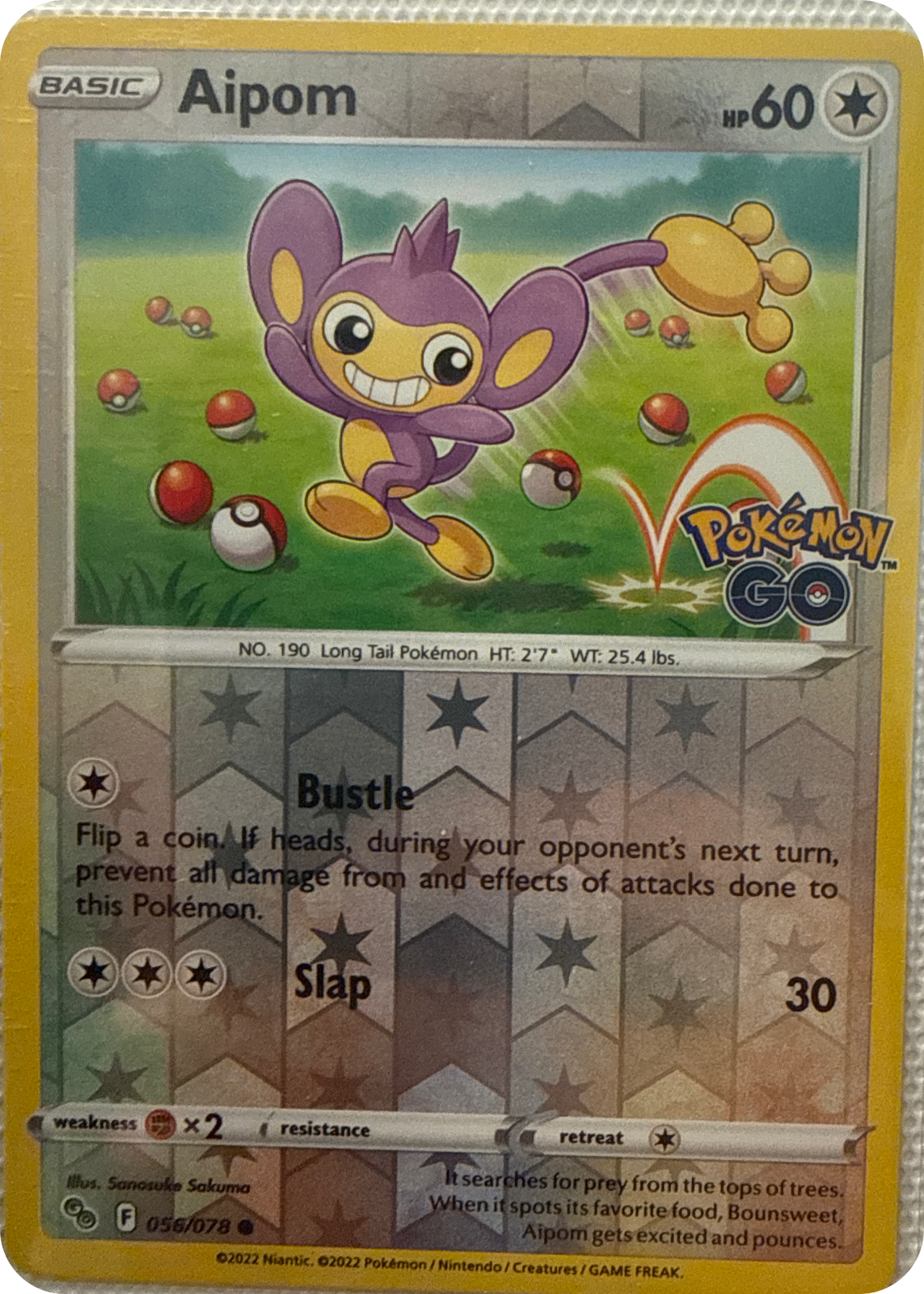 Aipom trading card #56, Pokémon GO (2022), front