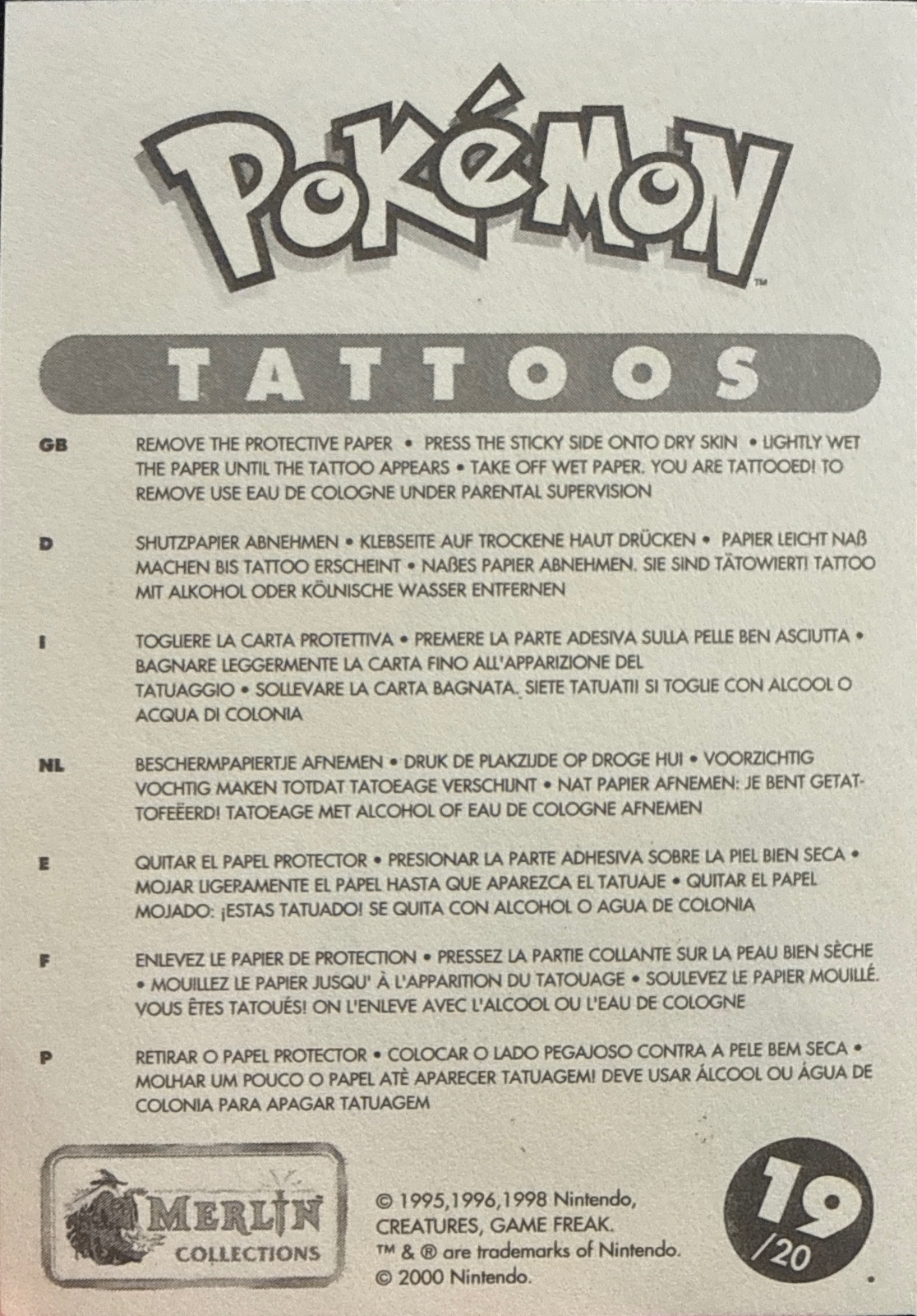 Chansey / Lickitung / Nidoking collectible #19, Pokémon Merlin Tattoos (2000), back