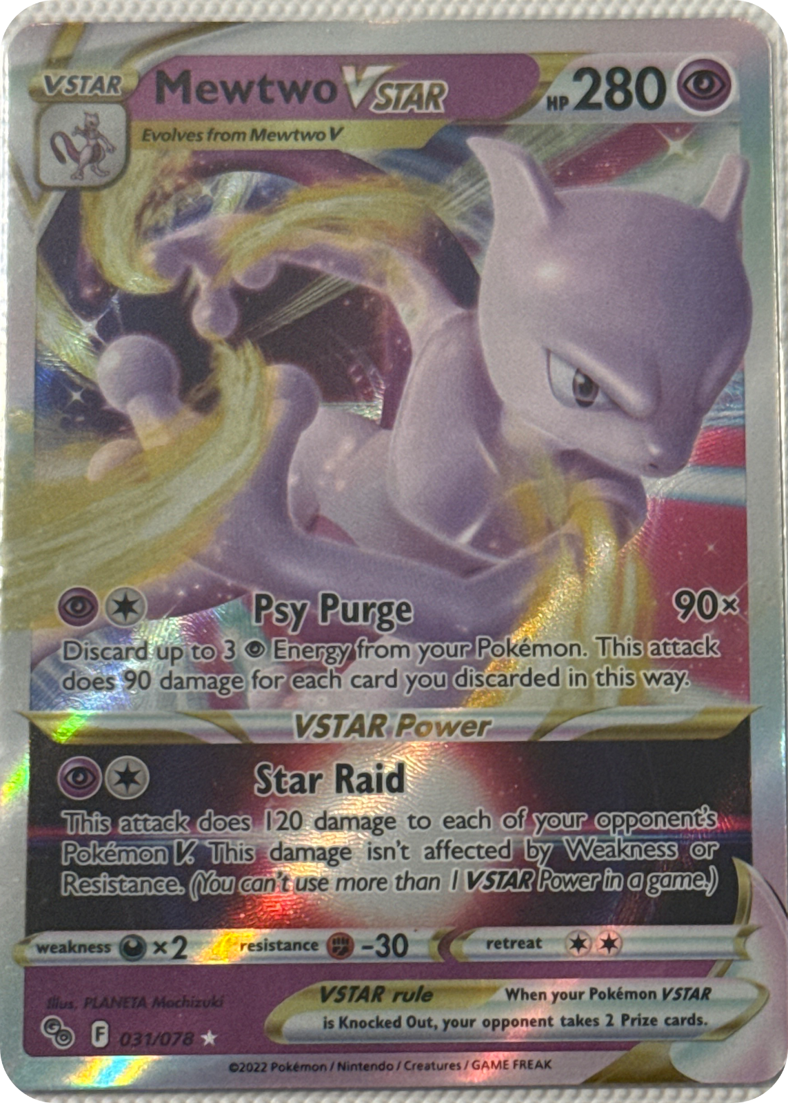Mewtwo VSTAR trading card #31, Pokémon GO (2022), front