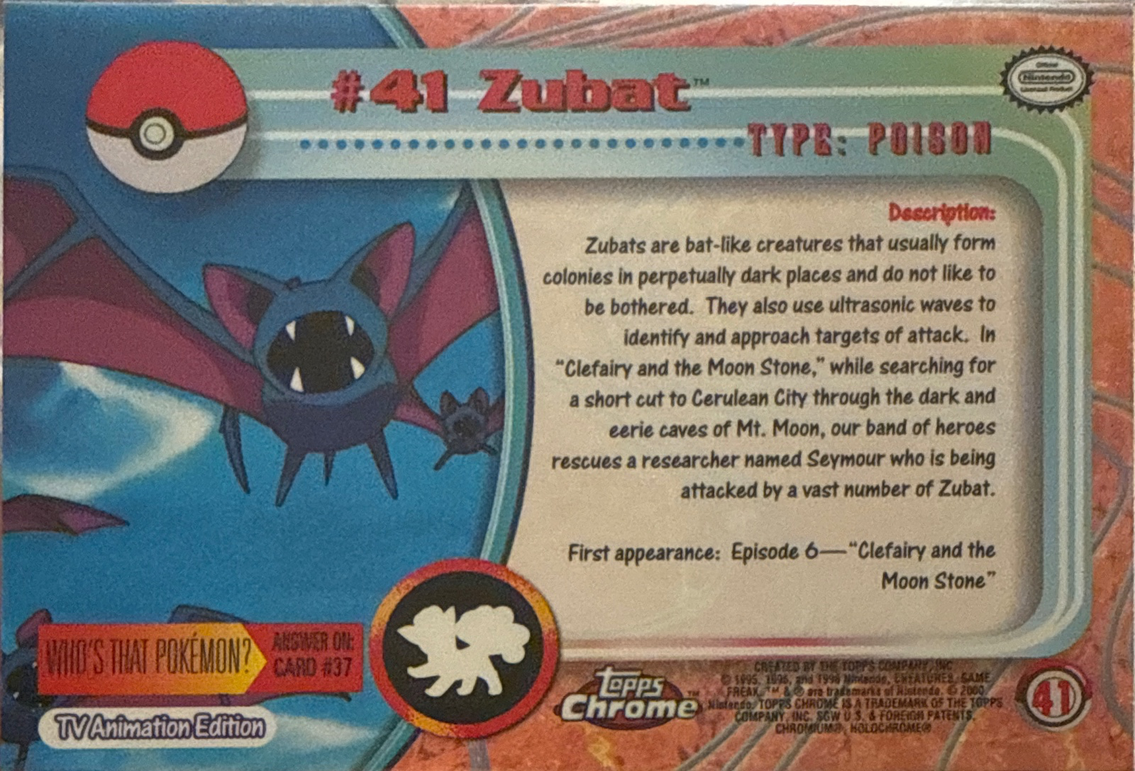 Zubat card #41, Pokemon Topps Chrome Series 1 (2000), back