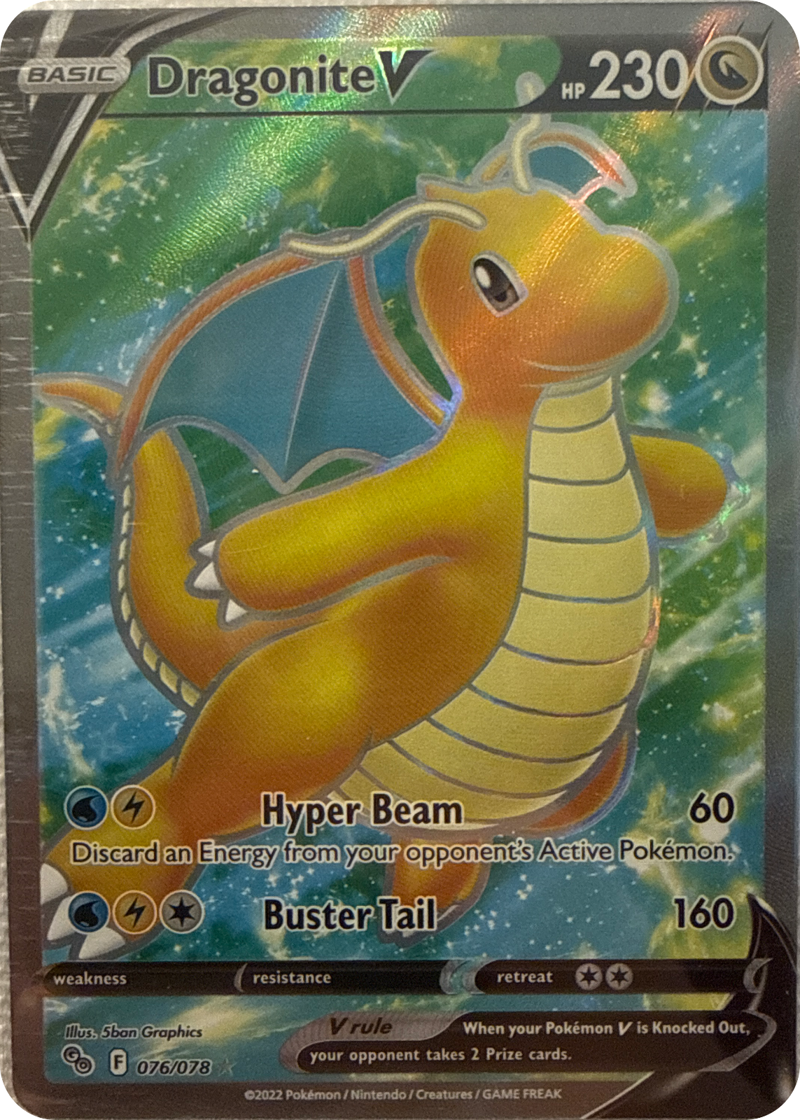 Dragonite V trading card #76, Pokémon GO (2022), front