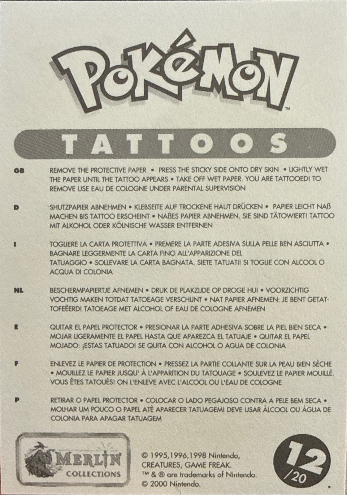 Hitmonlee / Kingler / Meowth collectible #12, Pokémon Merlin Tattoos (2000), back