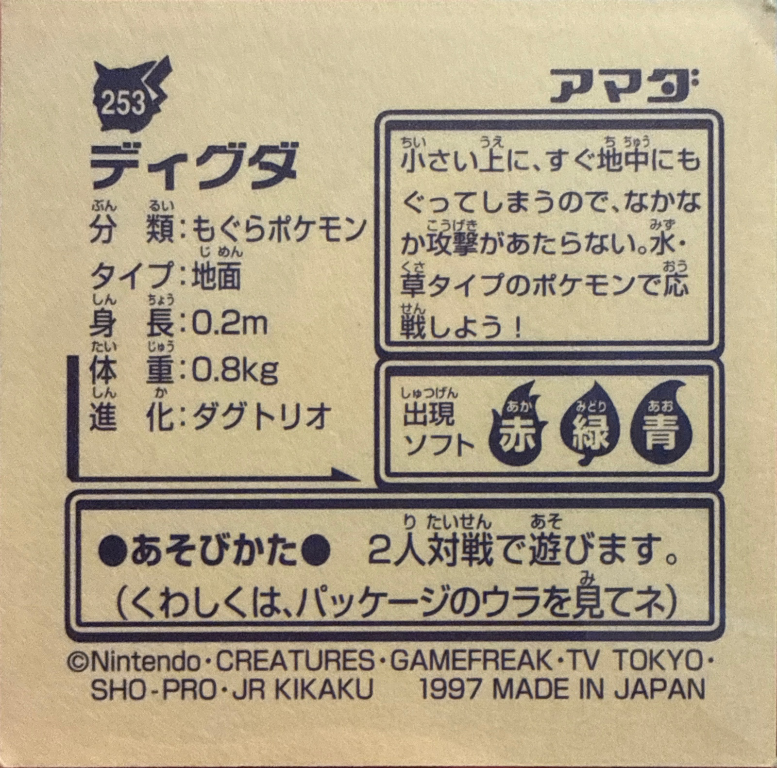Diglett sticker #253, Pokémon Amada Hyper Sticker Collection 2 Checklist (1997), Non holo, back