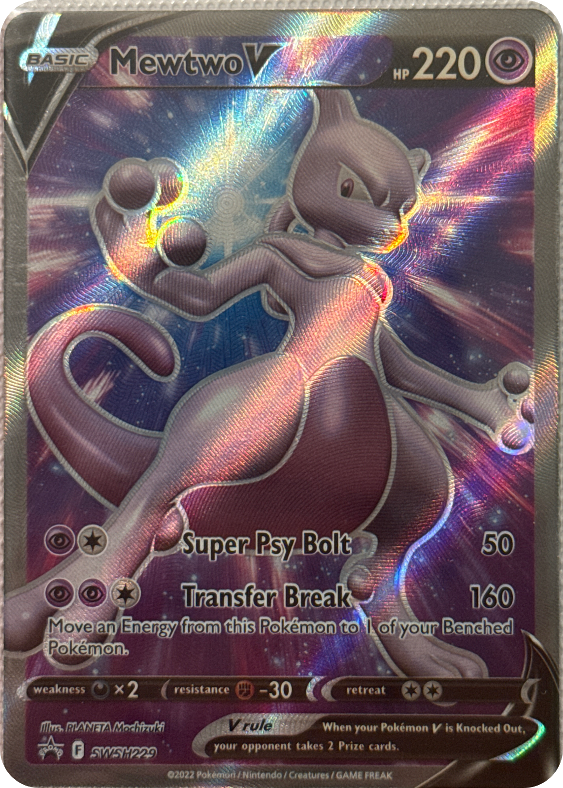 Mewtwo V trading card #SWSH229, SWSH Black Star Promos Checklist · Pokémon TCG, front
