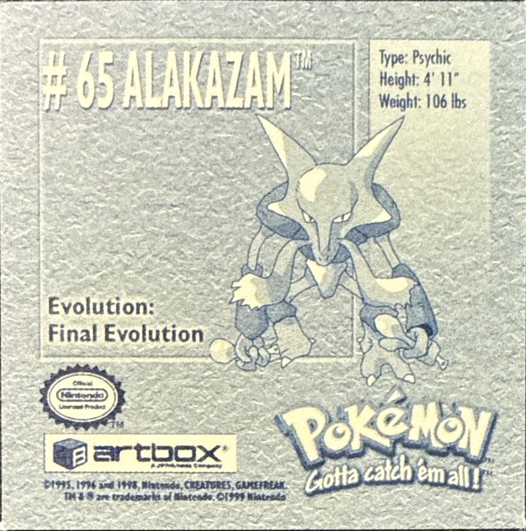 Alakazam sticker #65, Artbox (USA) Pokémon Artbox Stickers (1999), back