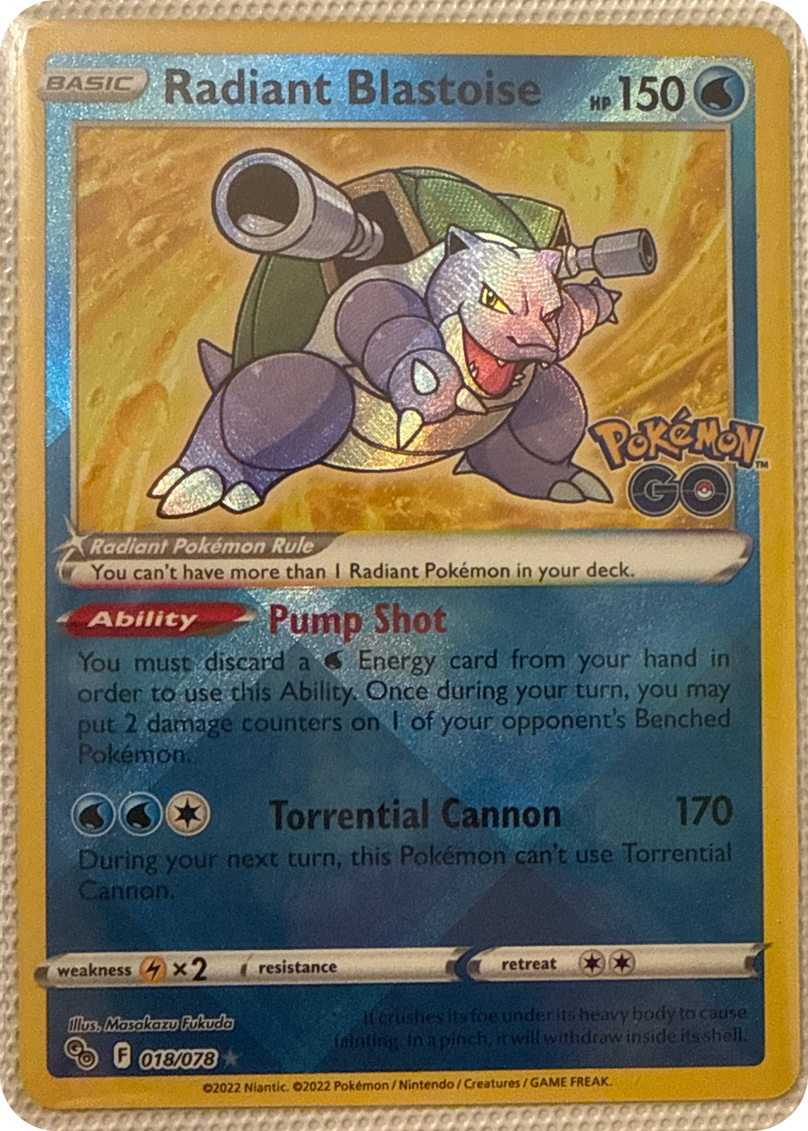 Radiant Blastoise trading card #18, Pokémon GO (2022), front