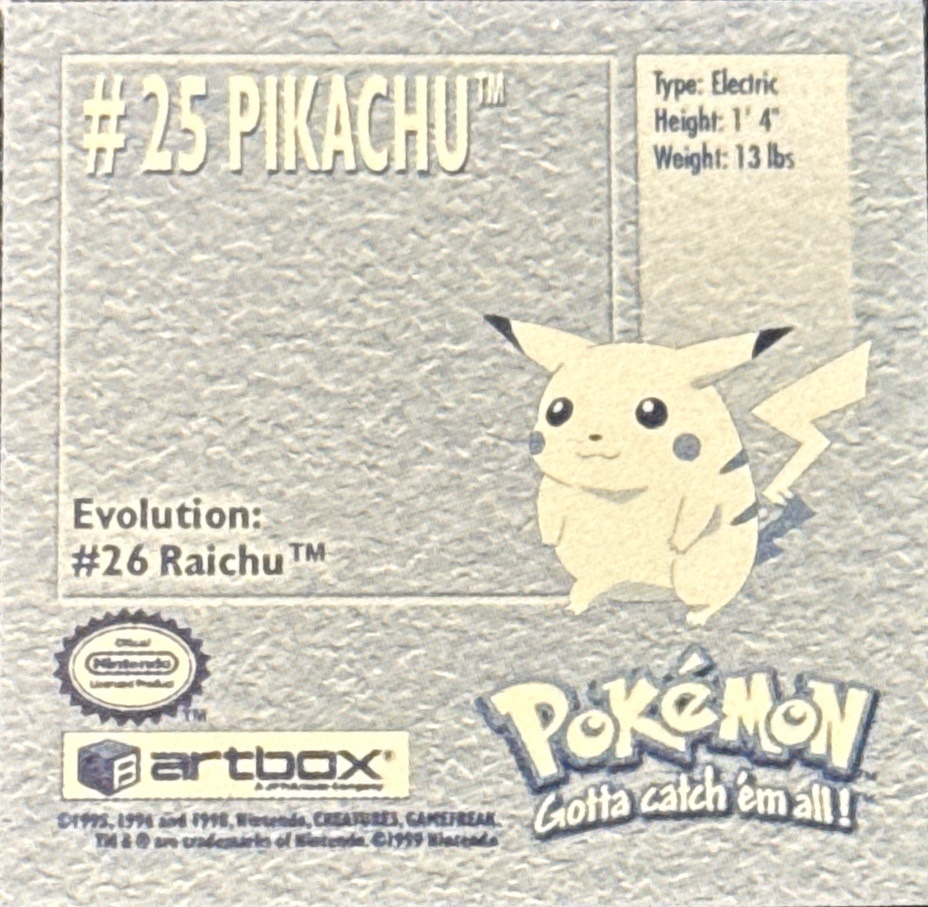 Pikachu sticker #25, Artbox (USA) Pokémon Artbox Stickers (1999), back