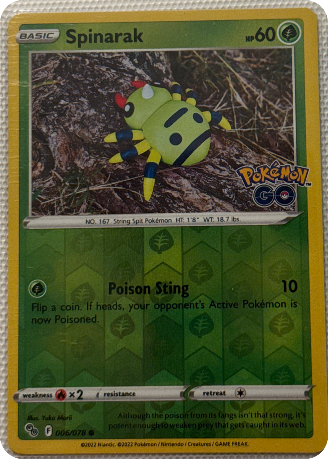 Spinarak trading card #6, Pokémon GO (2022), front