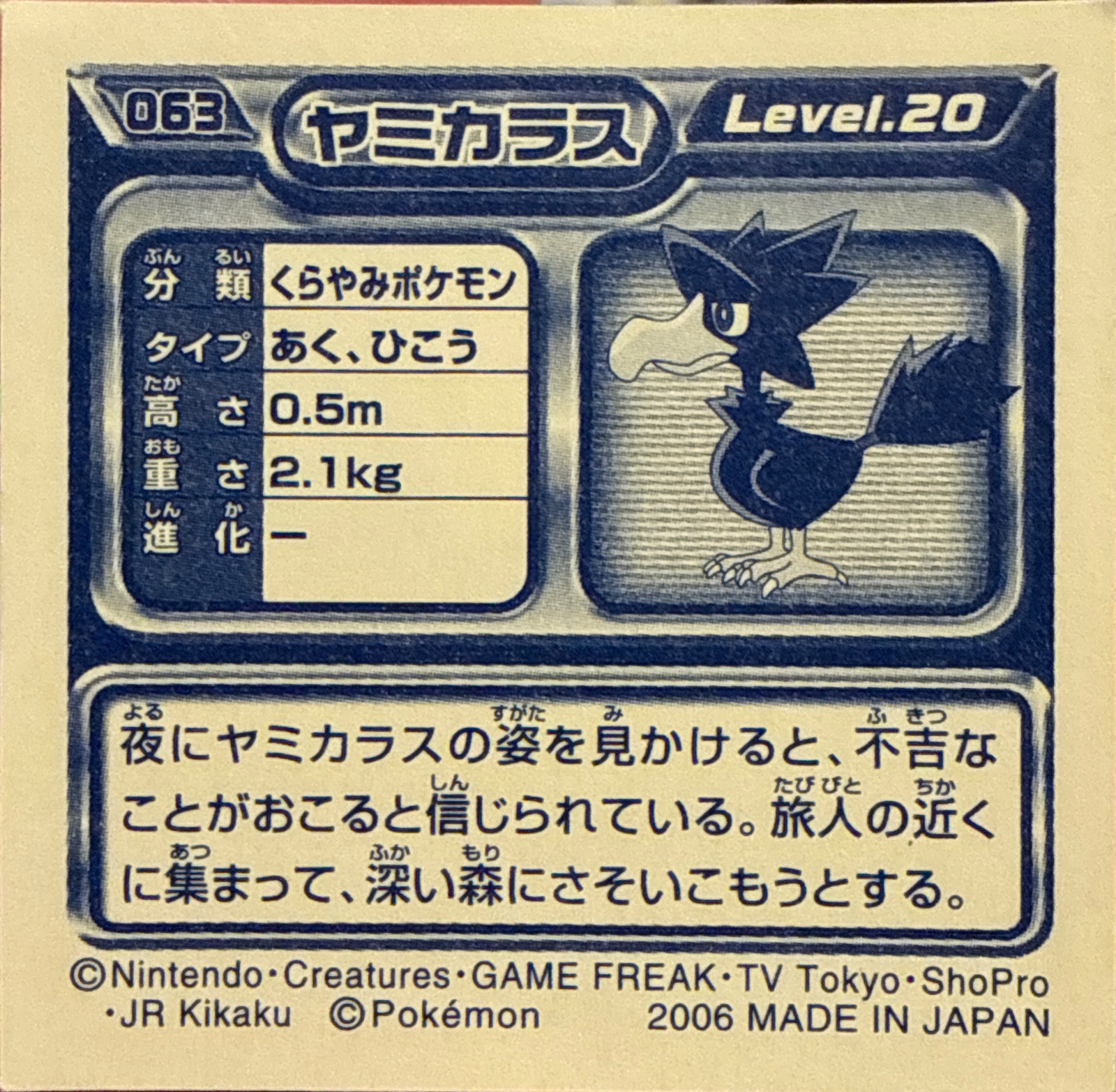 Murkrow sticker #063, Pokémon Ensky DP Retsuden 1 Stickers Checklist (2006), Non-holo, back