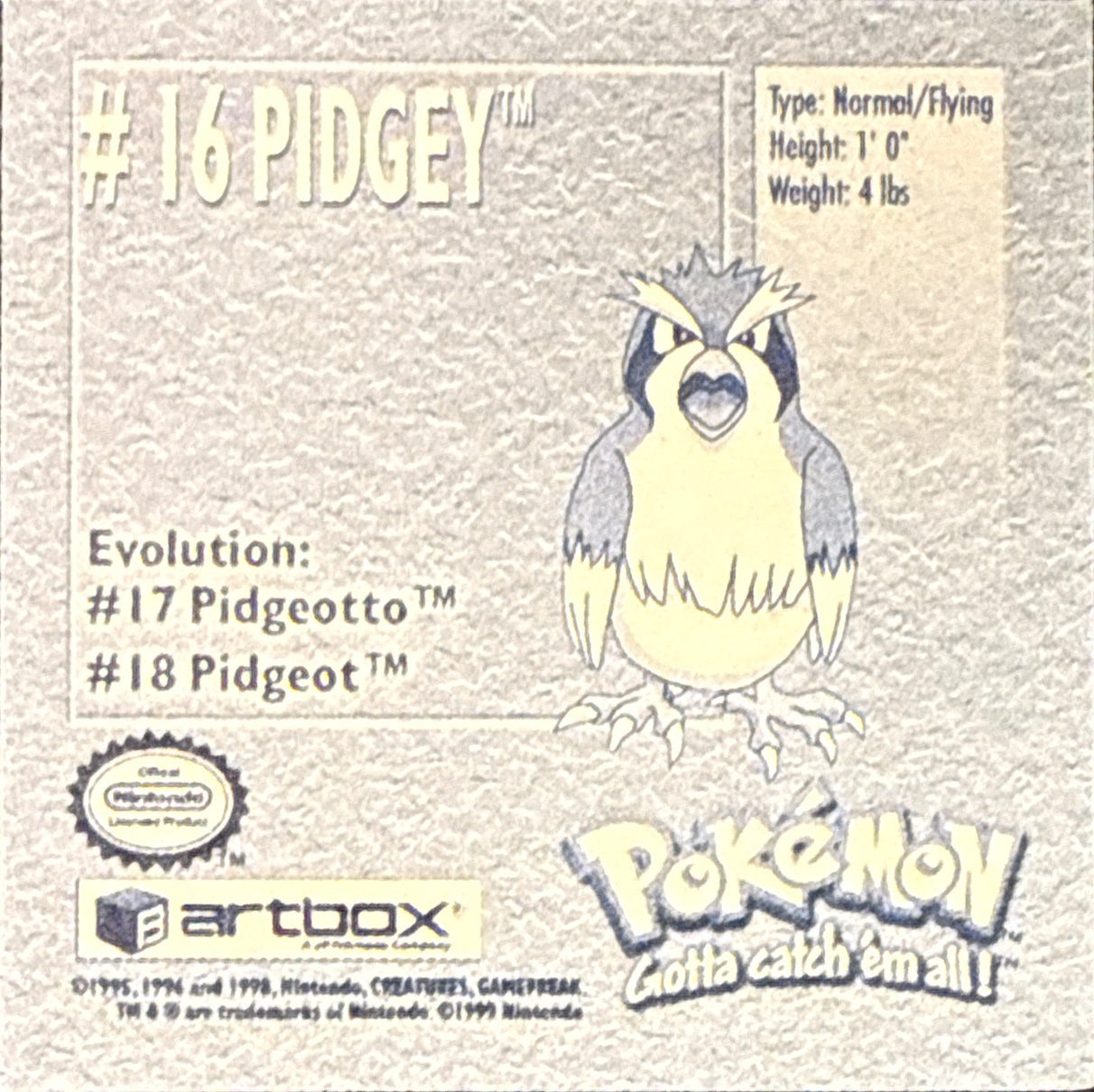 Pidgey sticker #16, Artbox (USA) Pokémon Artbox Stickers (1999), back