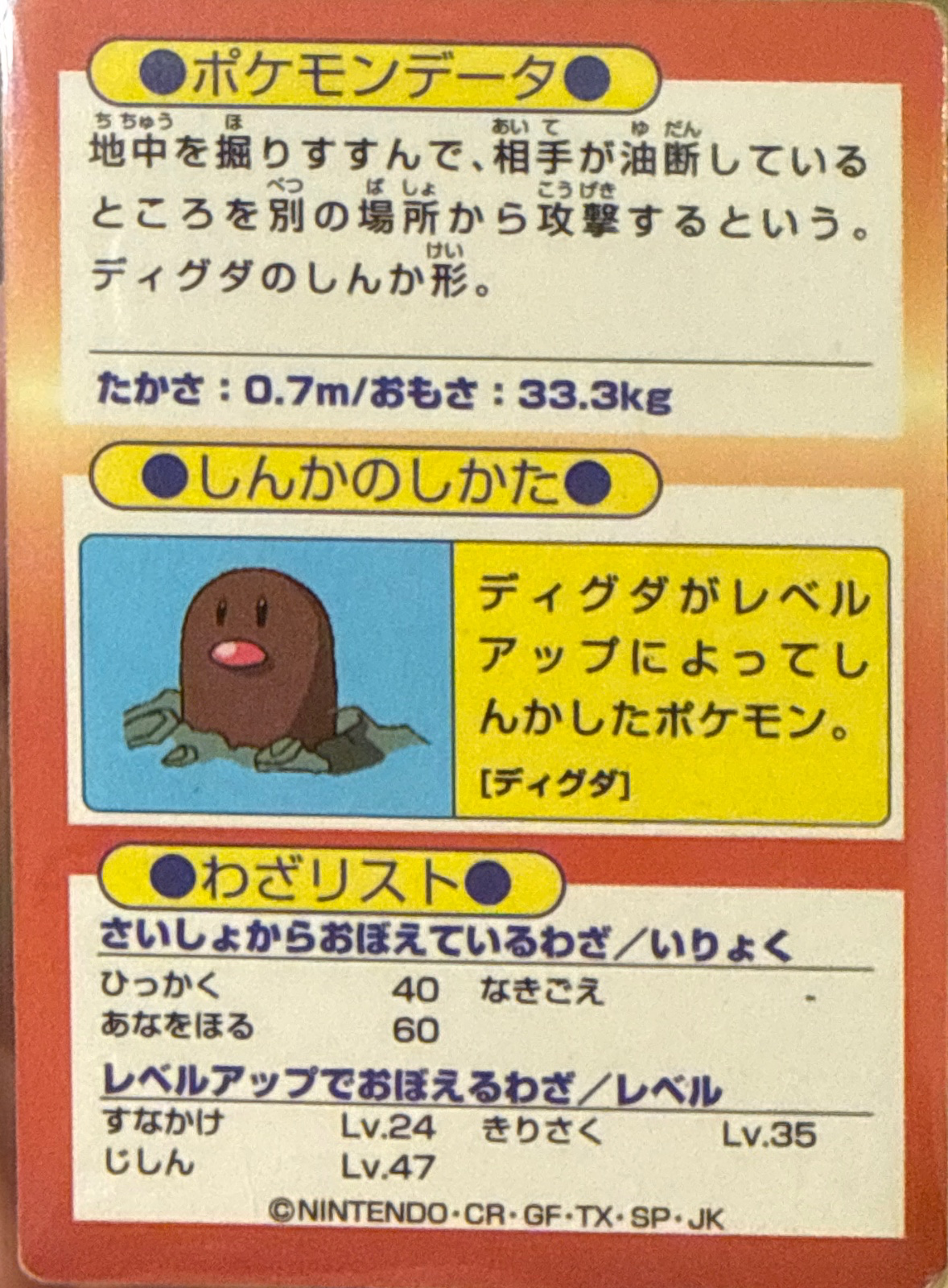 Dugtrio card #51, Pokémon Meiji Get Cards (1997), back