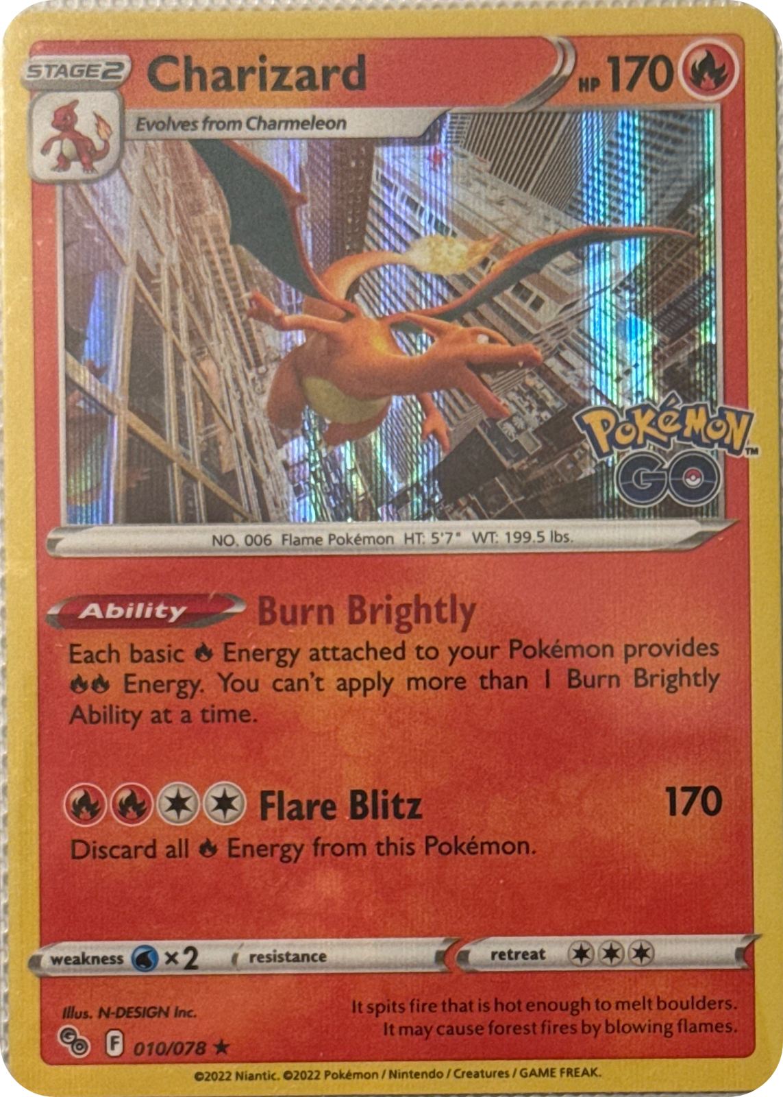 Charizard trading card #10, Pokémon GO (2022), front