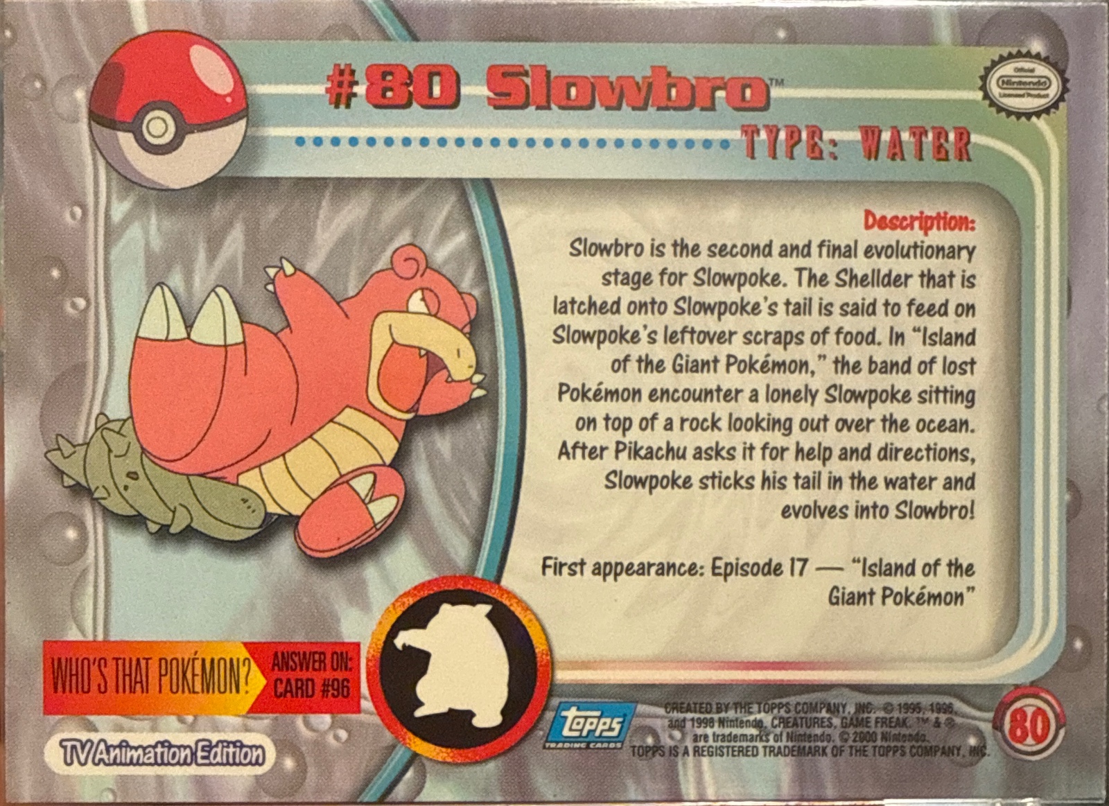 Slowbro card #80, Pokemon Topps Series 2 (1999), back
