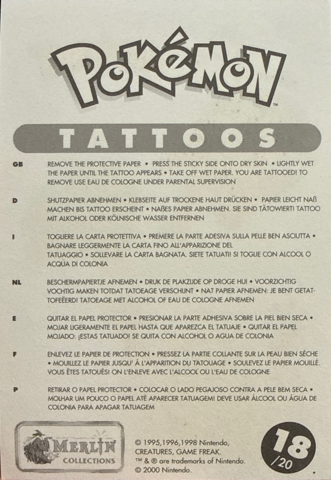 Bulbasaur / Jynx / Tauros collectible #18, Pokémon Merlin Tattoos (2000), back