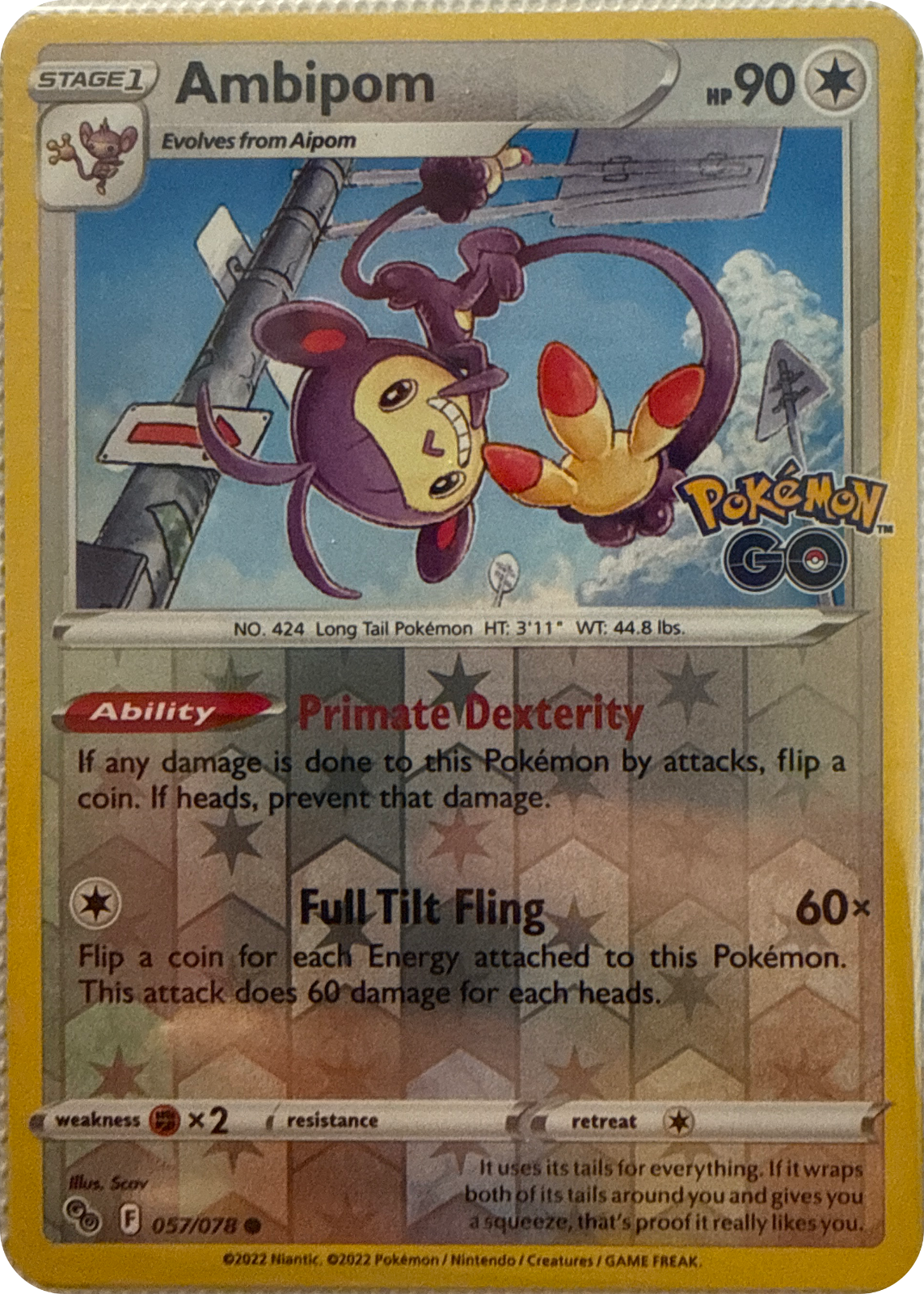 Ambipom trading card #57, Pokémon GO (2022), front