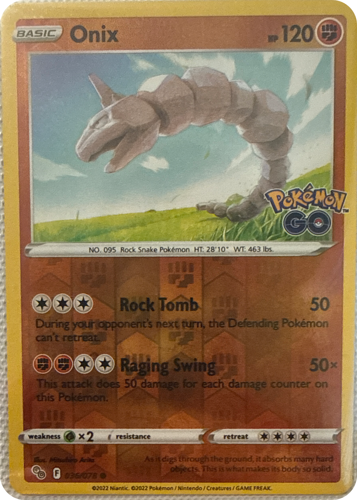 Onix trading card #36, Pokémon GO (2022), front