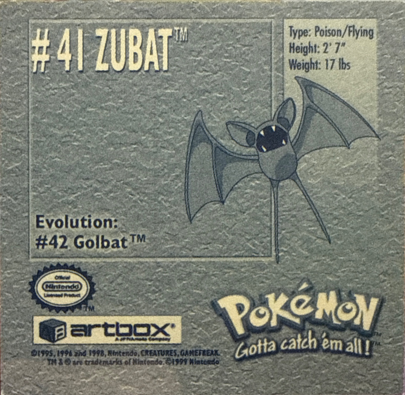 Zubat sticker #41, Artbox (USA) Pokémon Artbox Stickers (1999), back