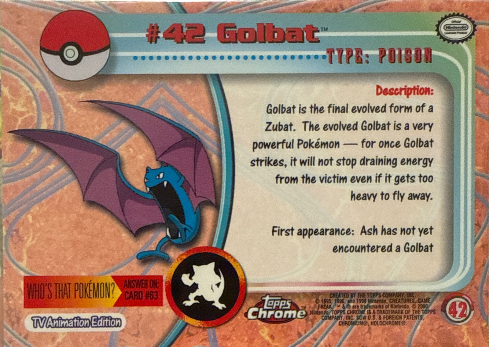 Golbat card #42, Pokemon Topps Chrome Series 1 (2000), back