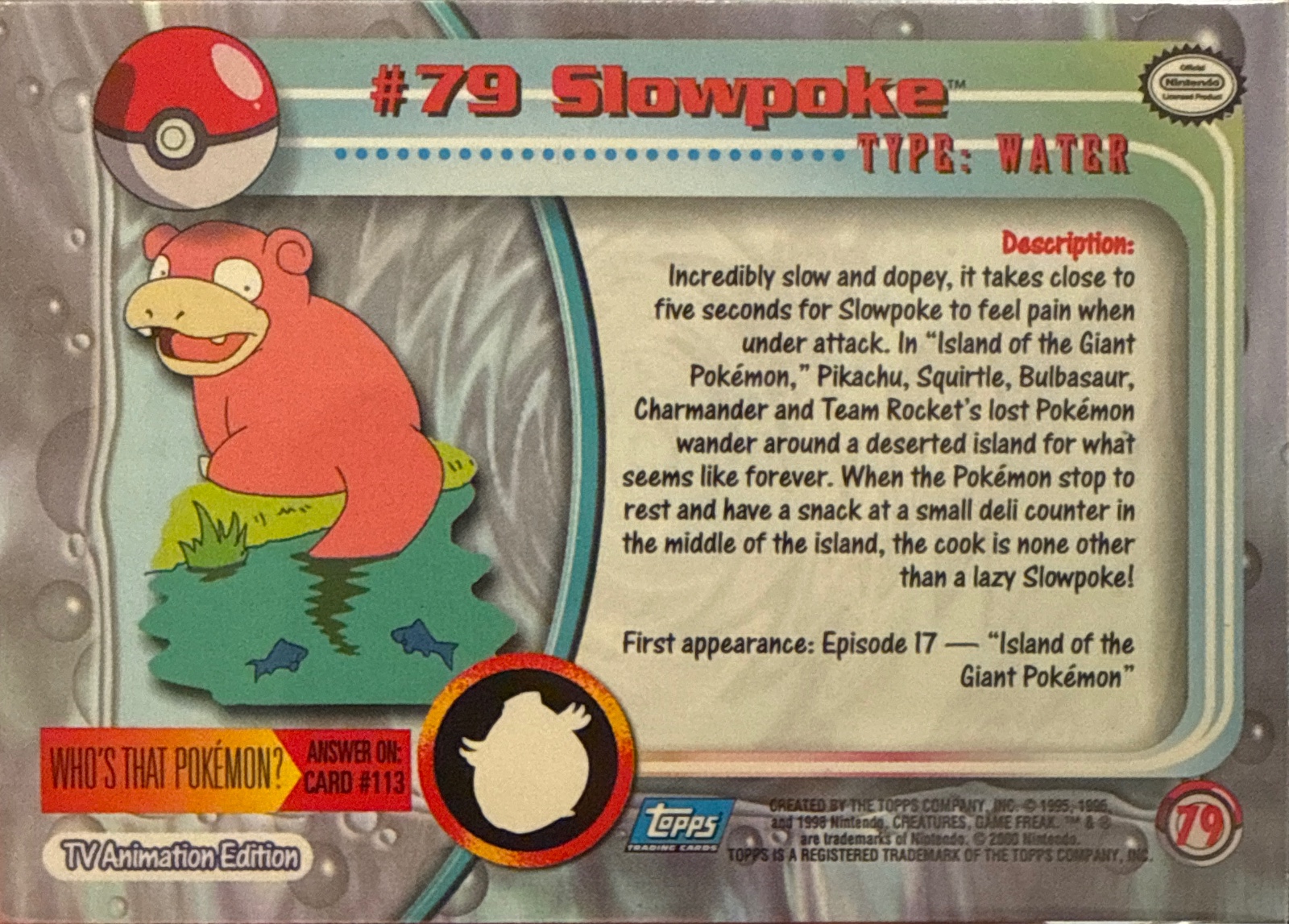 Slowpoke card #79, Pokemon Topps Series 2 (1999), back