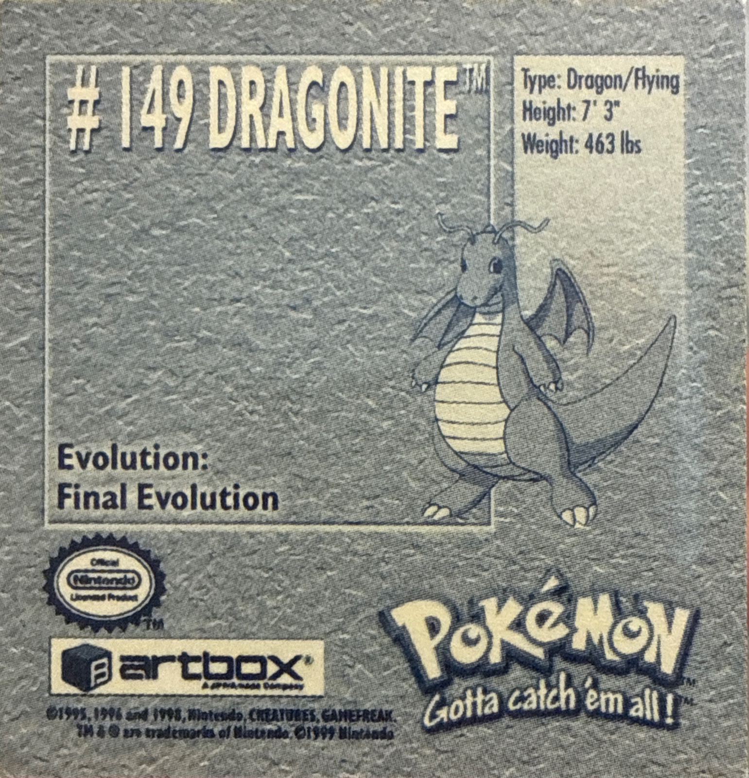 Dragonite sticker #149, Artbox (USA) Pokémon Artbox Stickers (1999), back