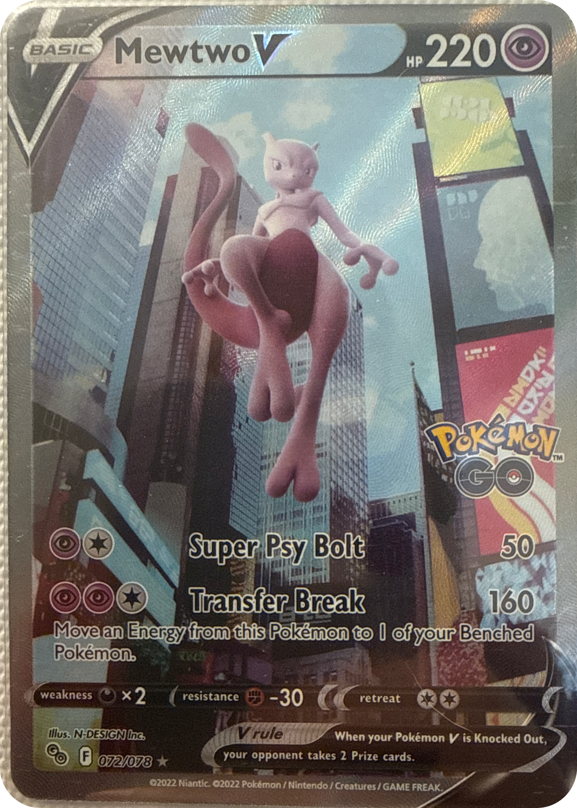 Mewtwo V trading card #72, Pokémon GO (2022), front
