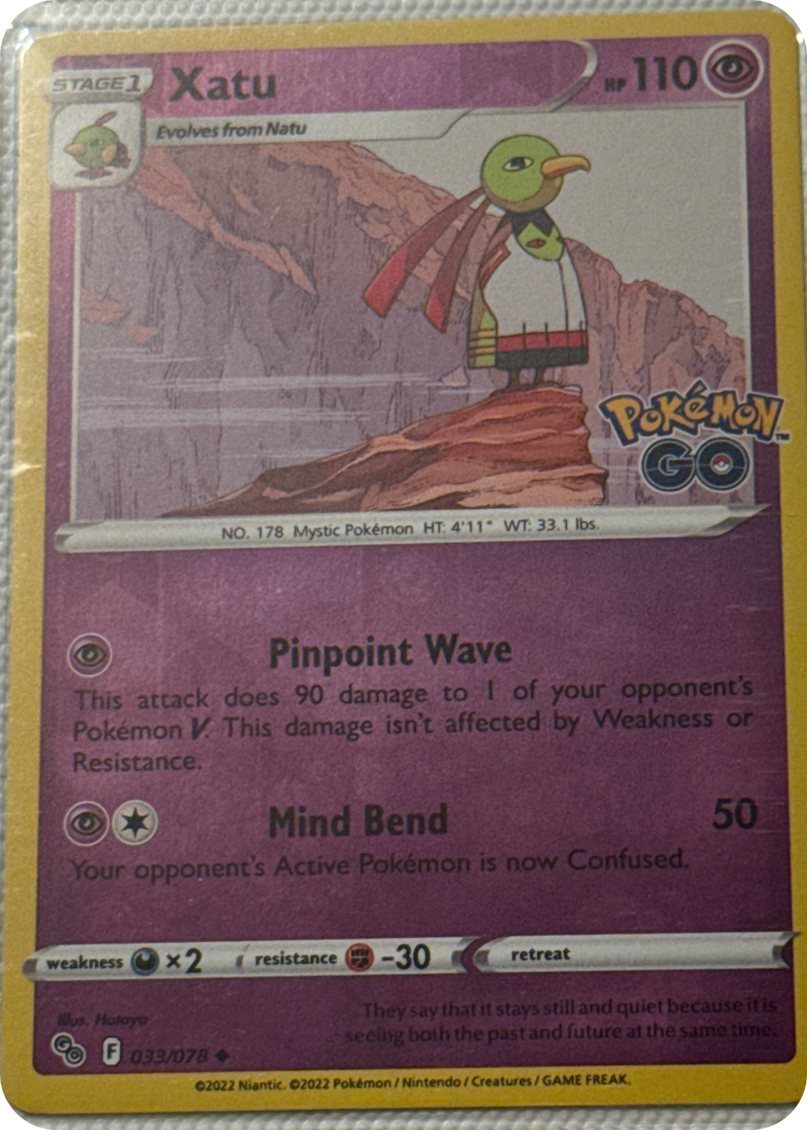 Xatu trading card #33, Pokémon GO (2022), front
