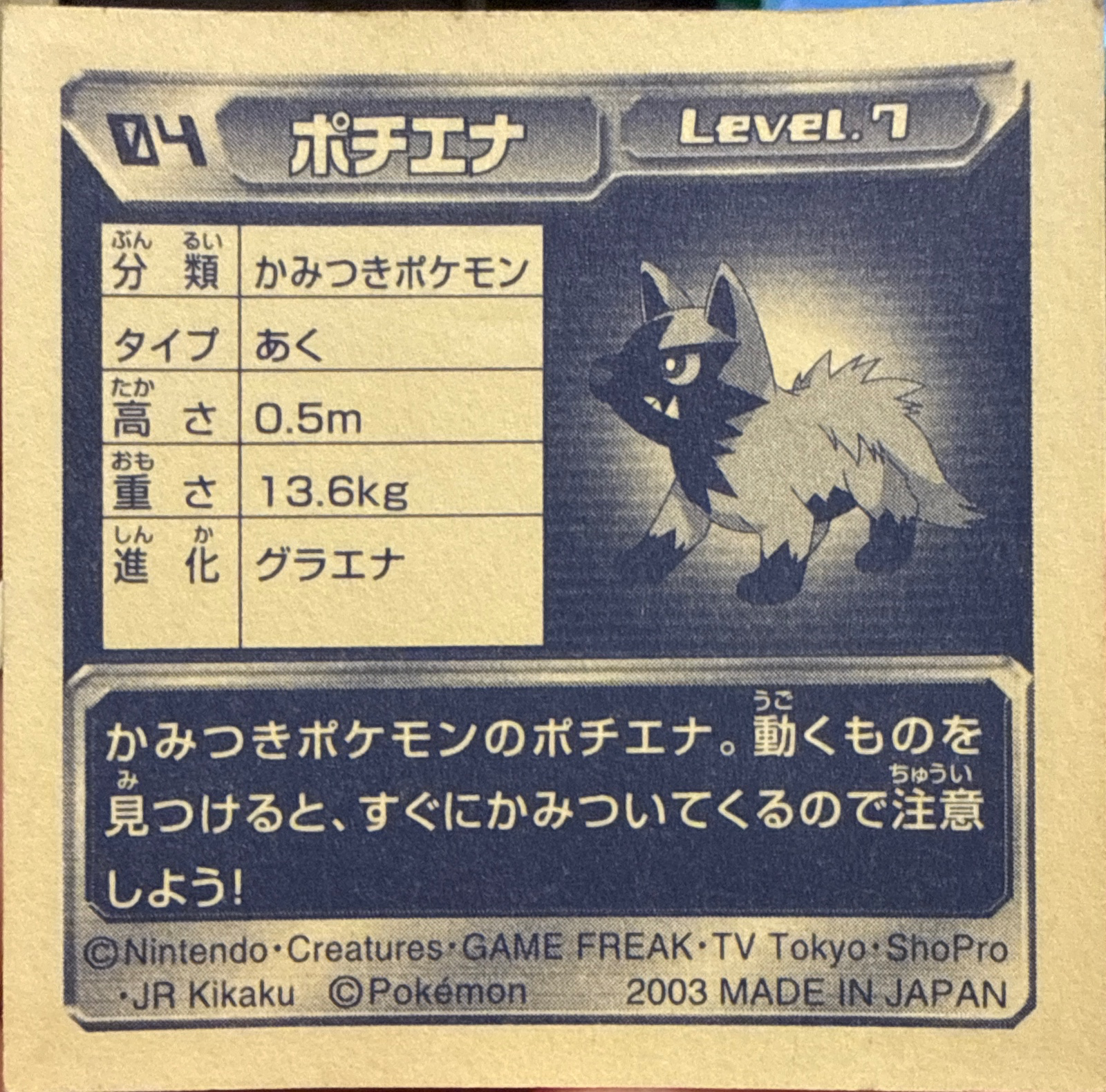 Poochyena sticker #004, Pokémon Amada ADV Part 1 Stickers Checklist (2003), Non Holo, back