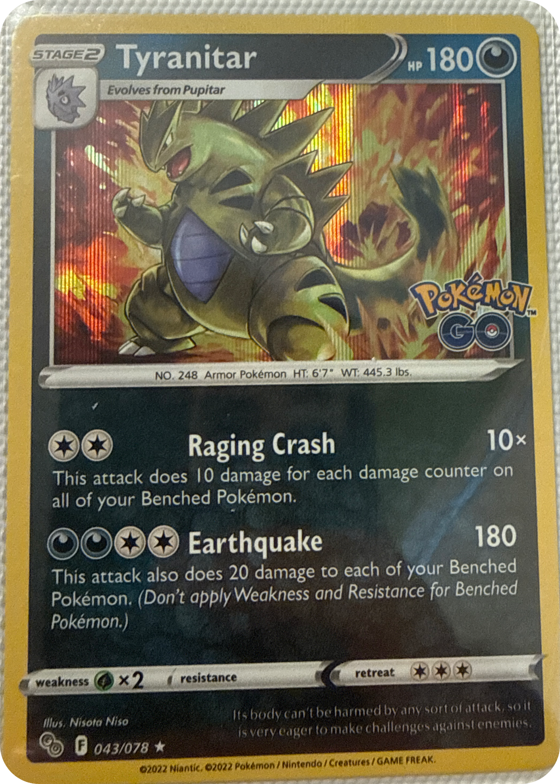 Tyranitar trading card #43, Pokémon GO (2022), front
