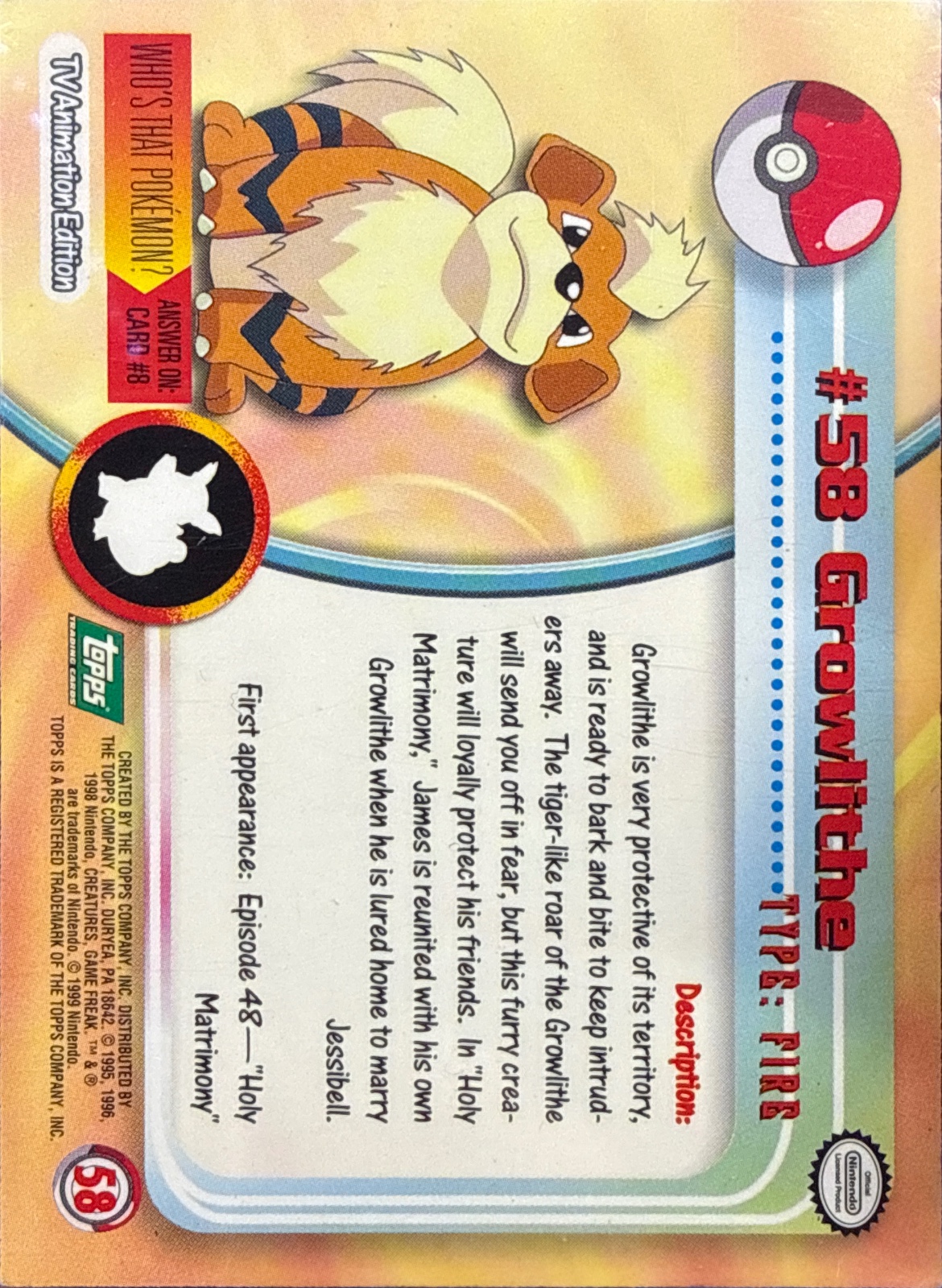 Growlithe card #58, Pokemon Topps Series 1 (1999), back